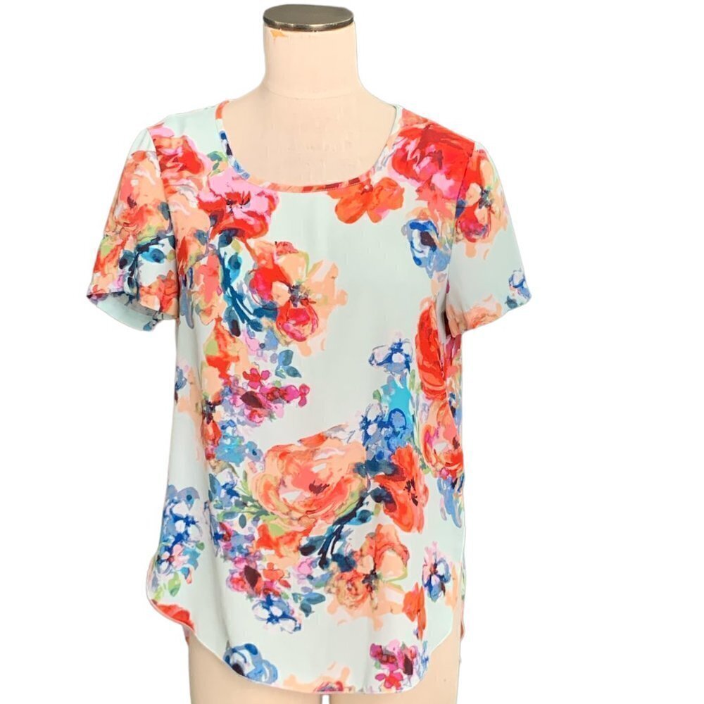 Spense Watercolor Floral Semi-Sheer Short Sleeve Tunic Top M 104F‎